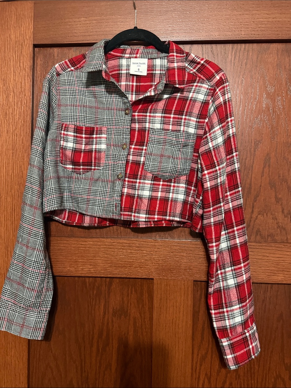 Mixed Plaid Cropped Flannel Button-Up Shirt - Red